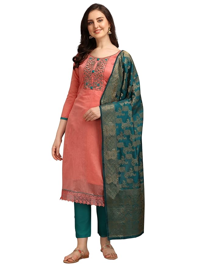 Women’s Cotton Hand Embroidered Work Salwar Suit Banarasi Dupatta