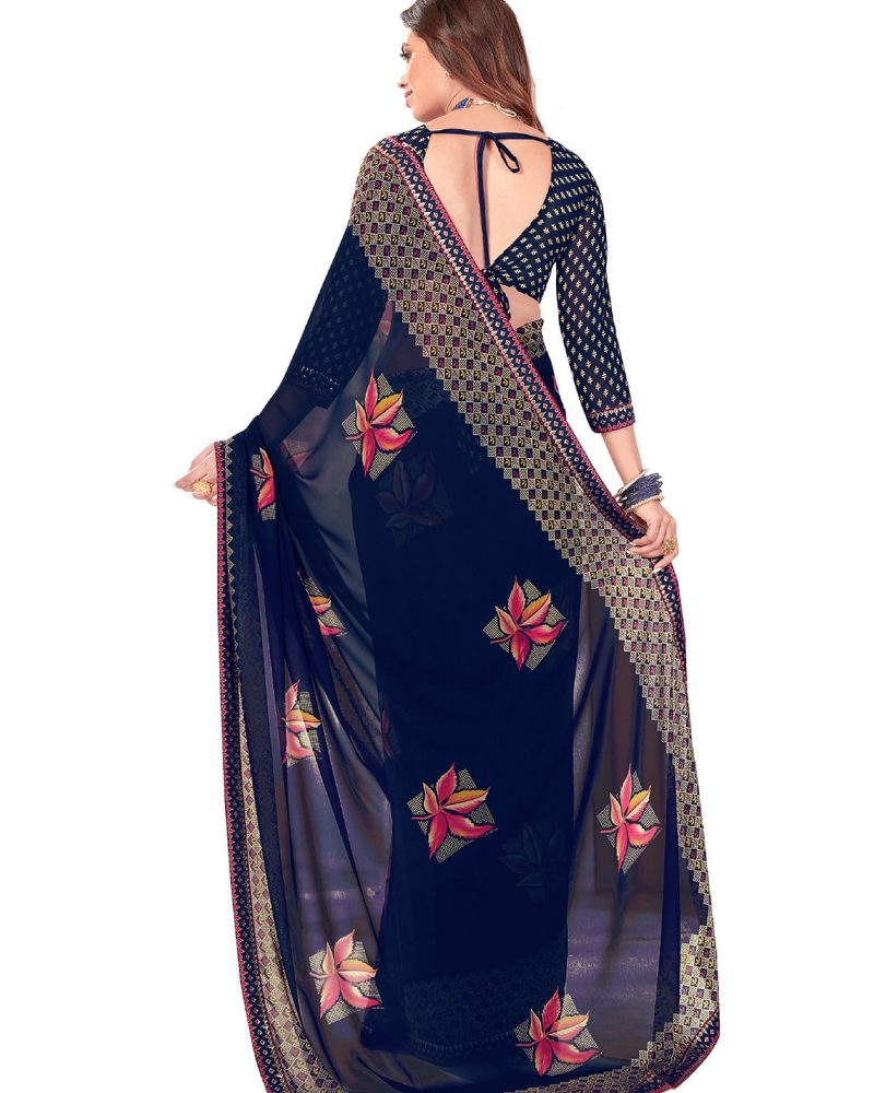 Women's leaf print navy blue colored saree with blouse