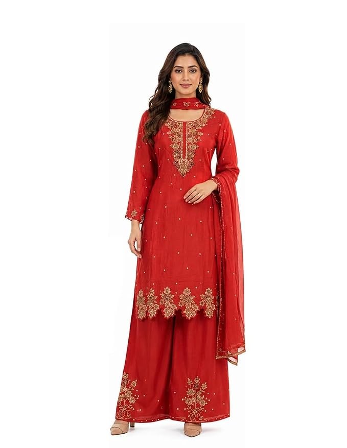 Women Wine Chinnon Plazo Ankle Length Solid Three-Quarter Sleeves Hand Wash Only Elastic - Image 2