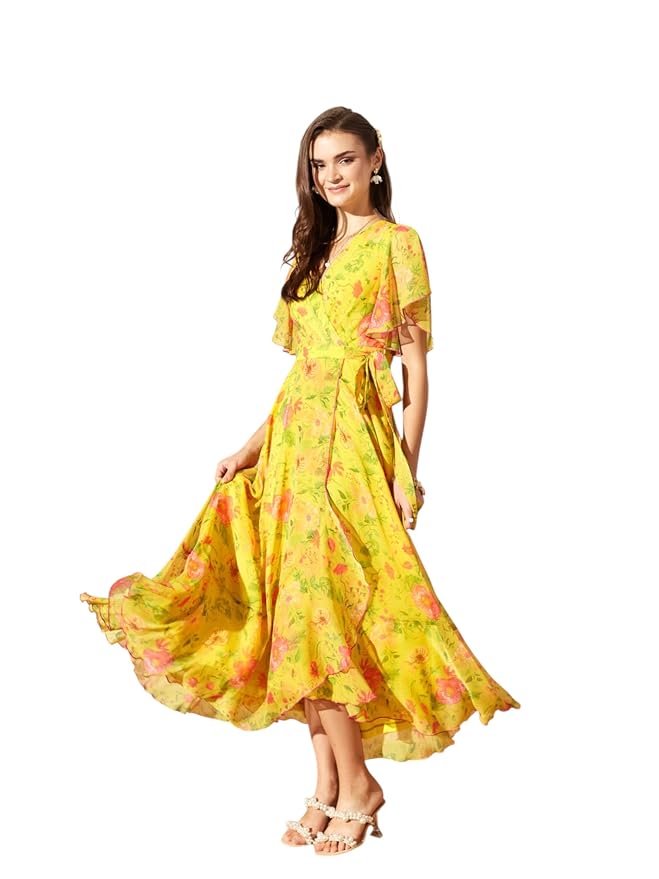 Miss Chase Womens Flame Orange and Pink V-Neck Flared Abstract Overlap/Tie-Up Maxi Chiffon Dress
