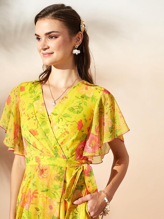 Miss Chase Womens Flame Orange and Pink V-Neck Flared Abstract Overlap/Tie-Up Maxi Chiffon Dress - Image 6