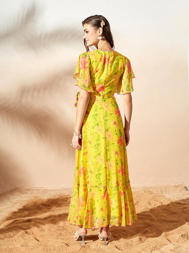 Miss Chase Womens Flame Orange and Pink V-Neck Flared Abstract Overlap/Tie-Up Maxi Chiffon Dress - Image 4