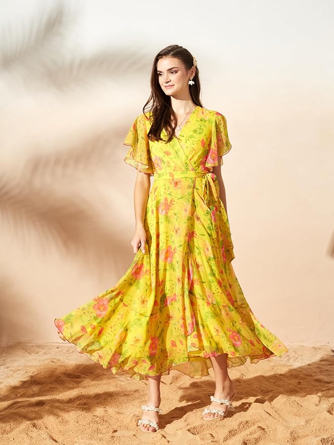 Miss Chase Womens Flame Orange and Pink V-Neck Flared Abstract Overlap/Tie-Up Maxi Chiffon Dress - Image 5
