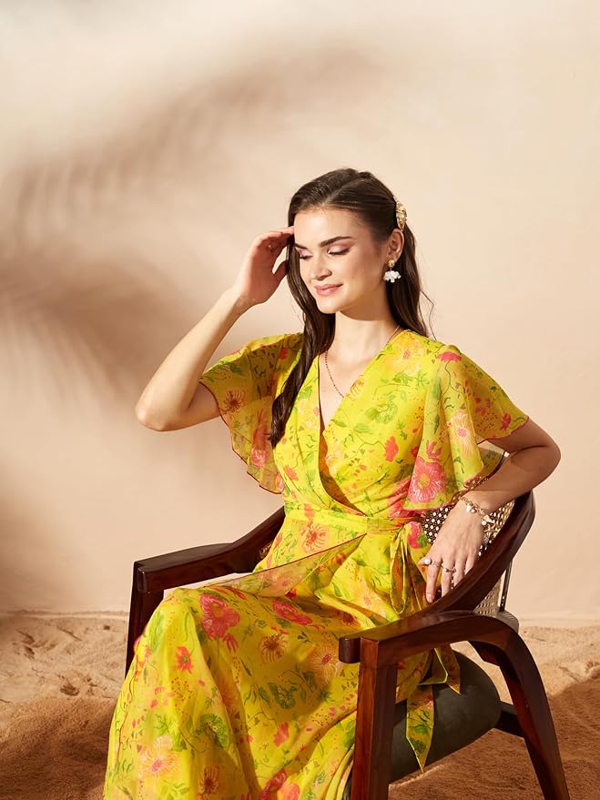 Miss Chase Womens Flame Orange and Pink V-Neck Flared Abstract Overlap/Tie-Up Maxi Chiffon Dress - Image 3